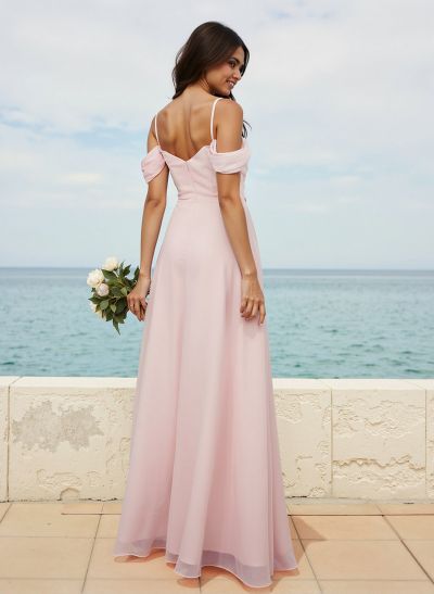 Modest A-Line Off-The-Shoulder Floor-Length Chiffon Bridesmaid Dresses