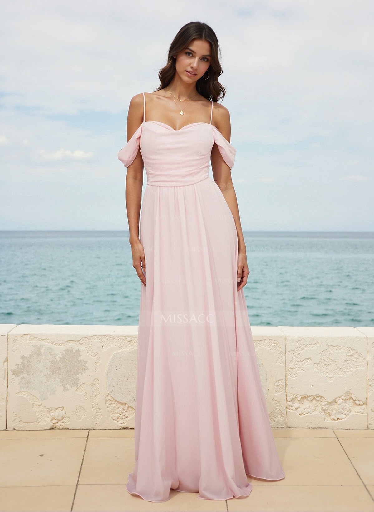 Modest A-Line Off-The-Shoulder Floor-Length Chiffon Bridesmaid Dresses