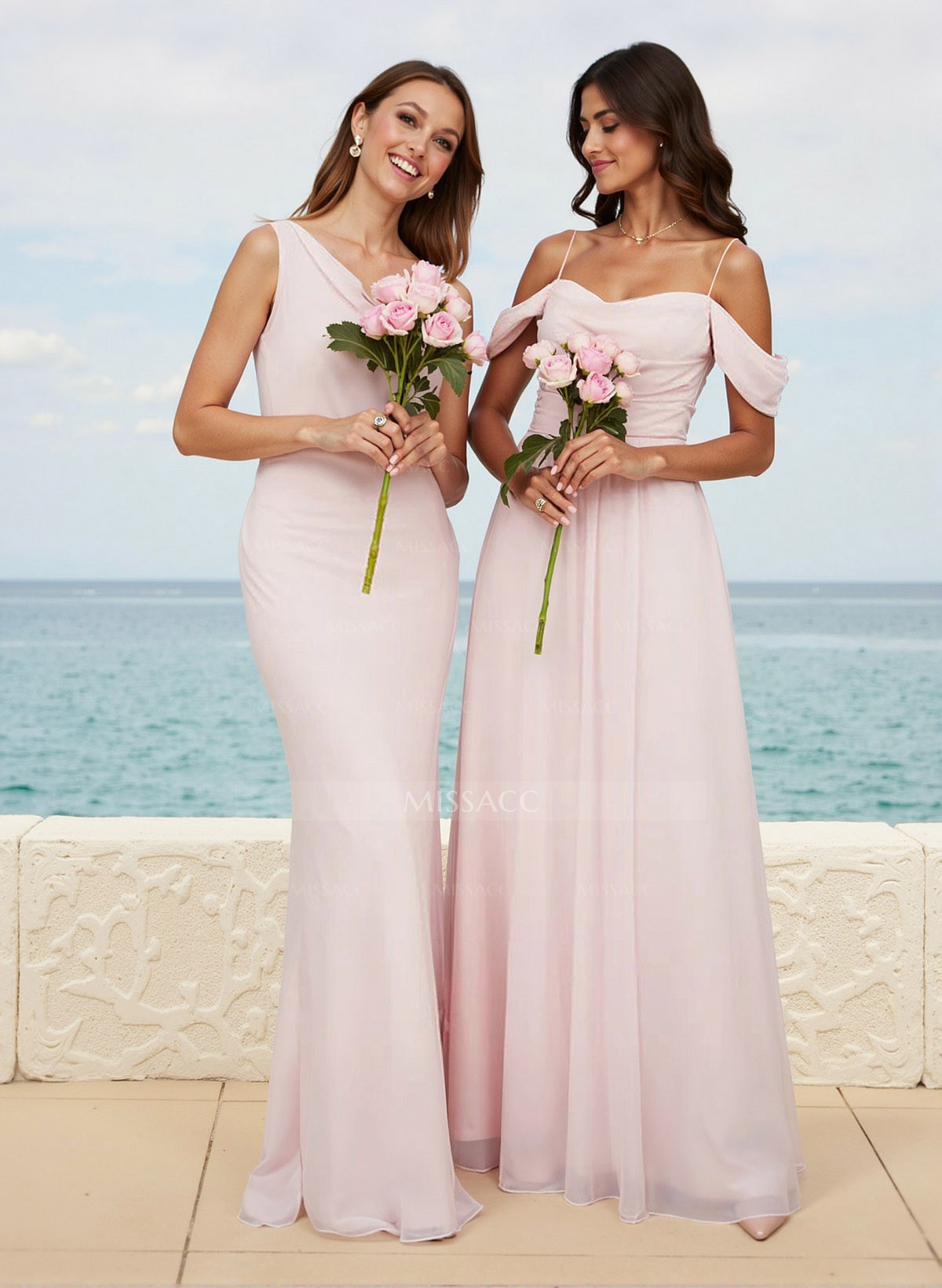 Modest A-Line Off-The-Shoulder Floor-Length Chiffon Bridesmaid Dresses