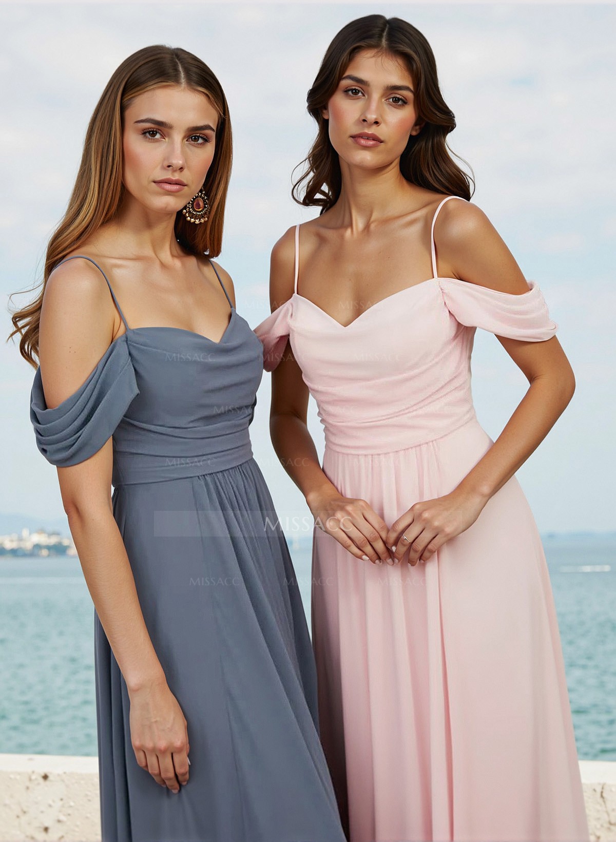 Modest A-Line Off-The-Shoulder Floor-Length Chiffon Bridesmaid Dresses