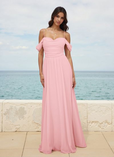 Modest A-Line Off-The-Shoulder Floor-Length Chiffon Bridesmaid Dresses