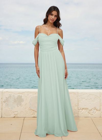 Modest A-Line Off-The-Shoulder Floor-Length Chiffon Bridesmaid Dresses