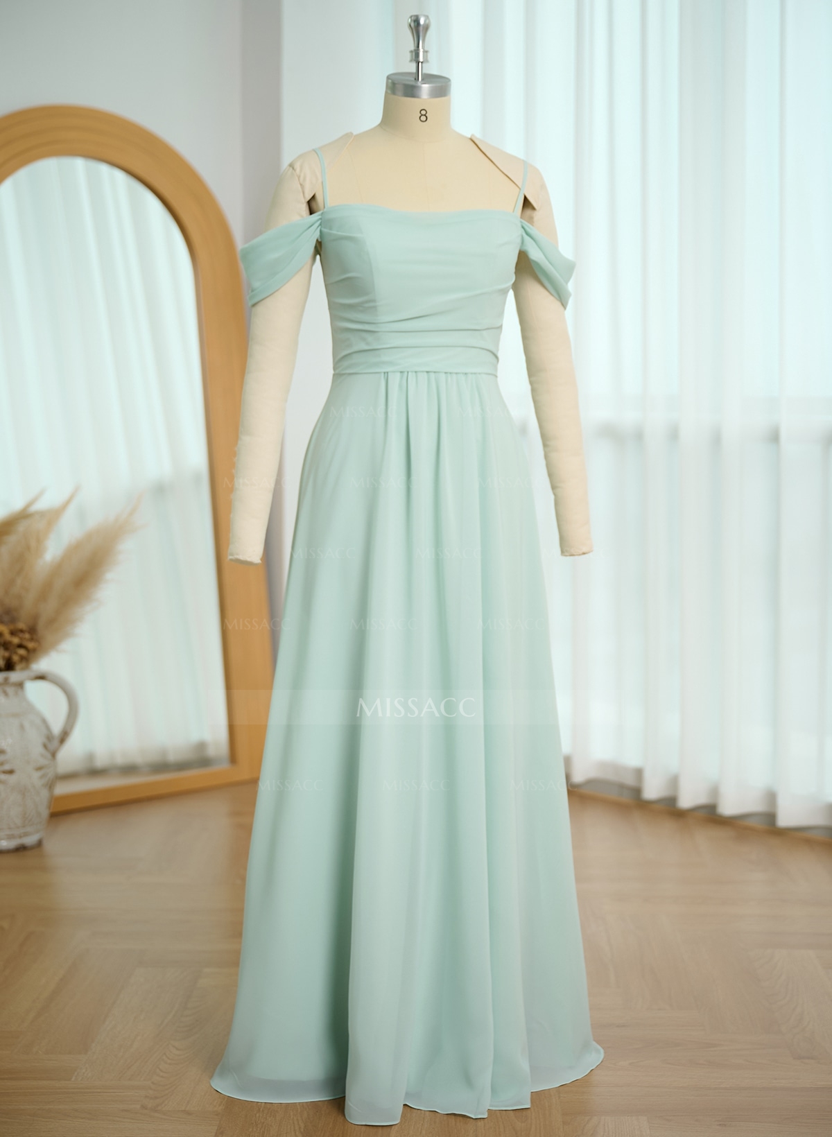 Modest A-Line Off-The-Shoulder Floor-Length Chiffon Bridesmaid Dresses