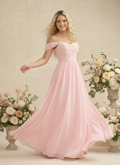 Modest A-Line Off-The-Shoulder Floor-Length Chiffon Bridesmaid Dresses