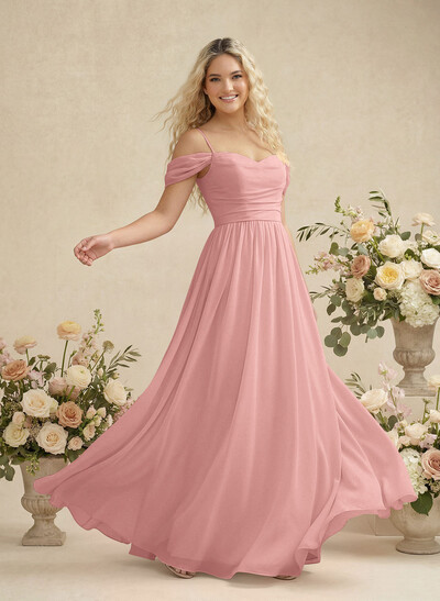 Modest A-Line Off-The-Shoulder Floor-Length Chiffon Bridesmaid Dresses