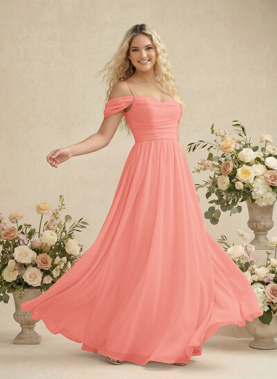 Modest A-Line Off-The-Shoulder Floor-Length Chiffon Bridesmaid Dresses