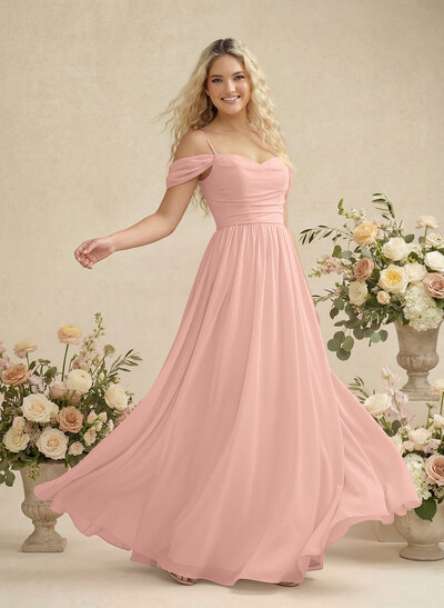 Modest A-Line Off-The-Shoulder Floor-Length Chiffon Bridesmaid Dresses