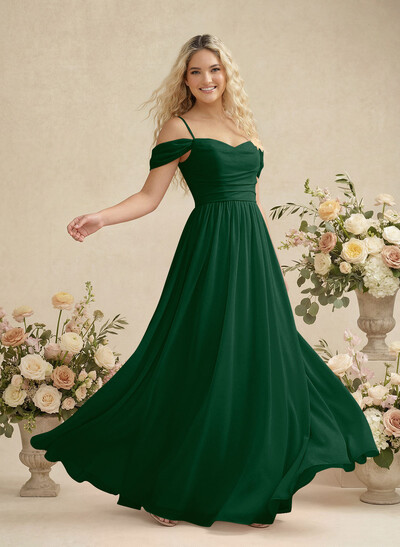 Modest A-Line Off-The-Shoulder Floor-Length Chiffon Bridesmaid Dresses