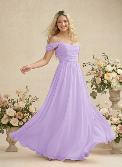 Modest A-Line Off-The-Shoulder Floor-Length Chiffon Bridesmaid Dresses