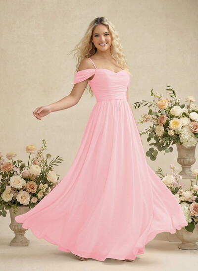 Modest A-Line Off-The-Shoulder Floor-Length Chiffon Bridesmaid Dresses