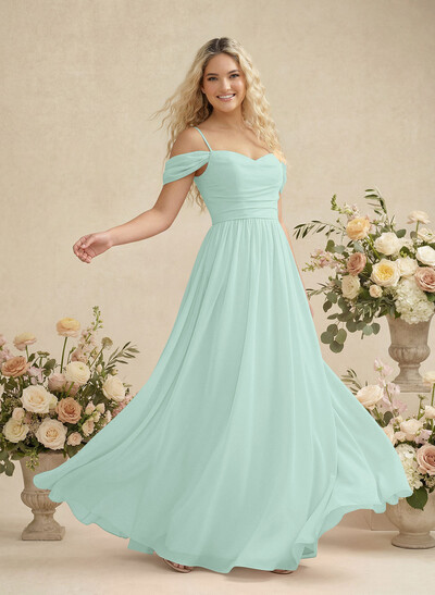 Modest A-Line Off-The-Shoulder Floor-Length Chiffon Bridesmaid Dresses