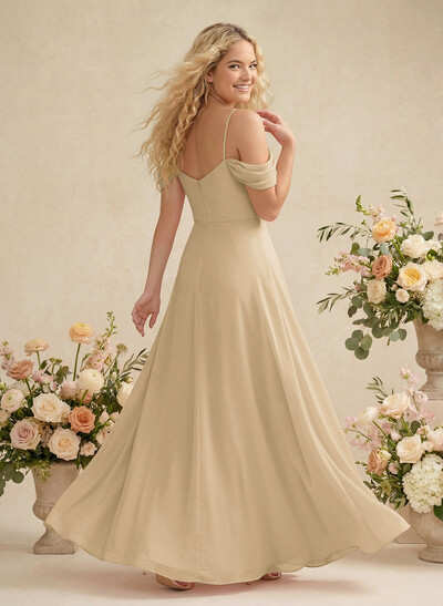 Modest A-Line Off-The-Shoulder Floor-Length Chiffon Bridesmaid Dresses