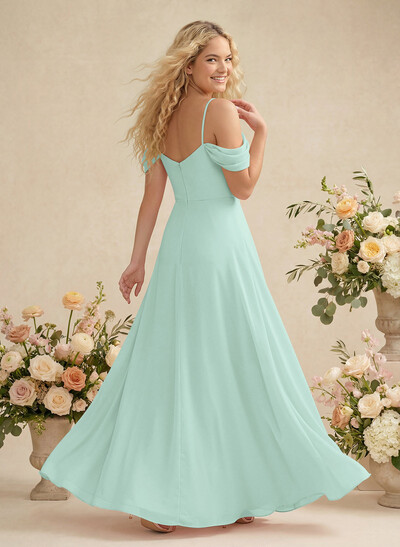 Modest A-Line Off-The-Shoulder Floor-Length Chiffon Bridesmaid Dresses