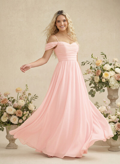 Modest A-Line Off-The-Shoulder Floor-Length Chiffon Bridesmaid Dresses