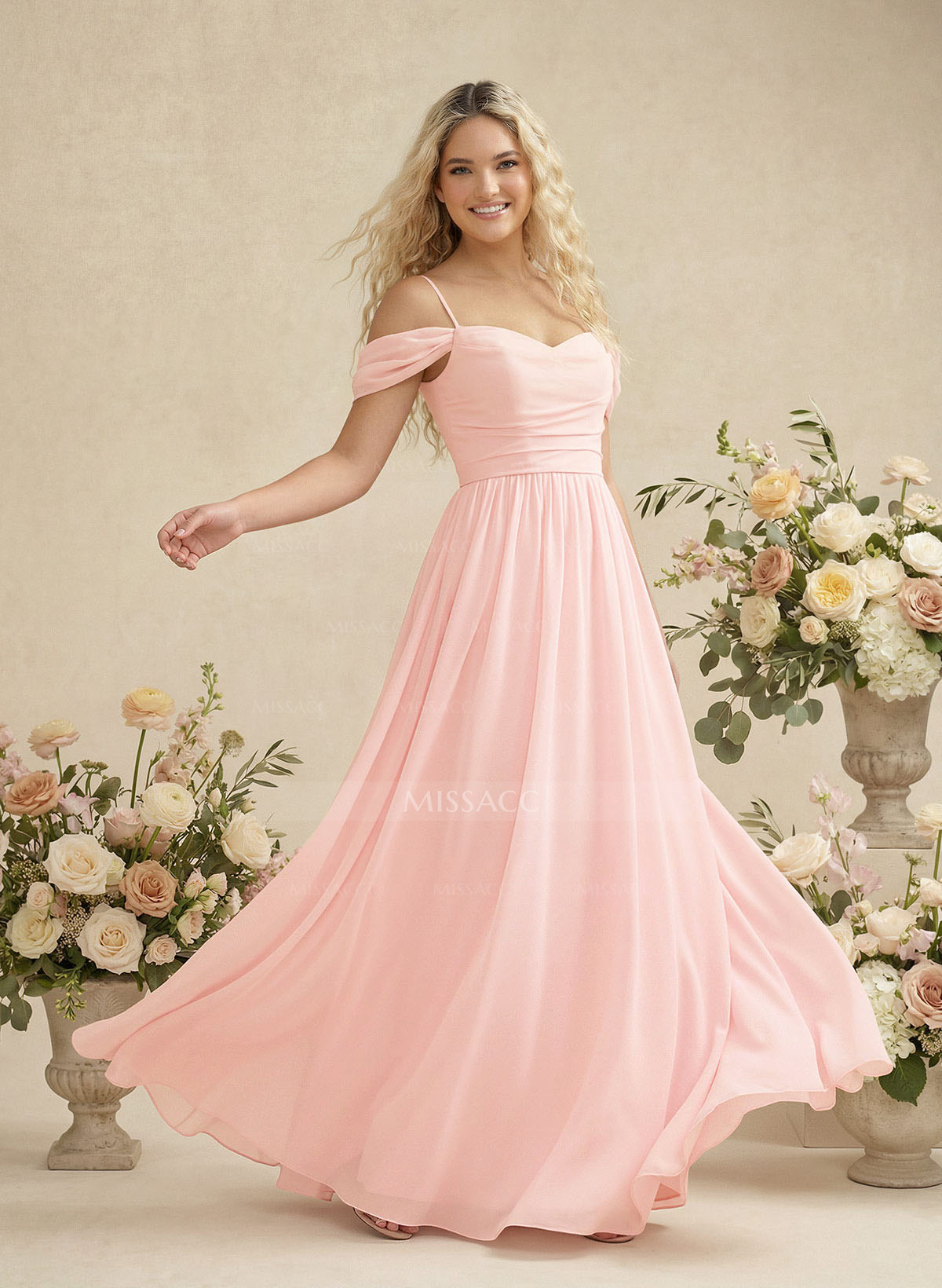 Modest A-Line Off-The-Shoulder Floor-Length Chiffon Bridesmaid Dresses