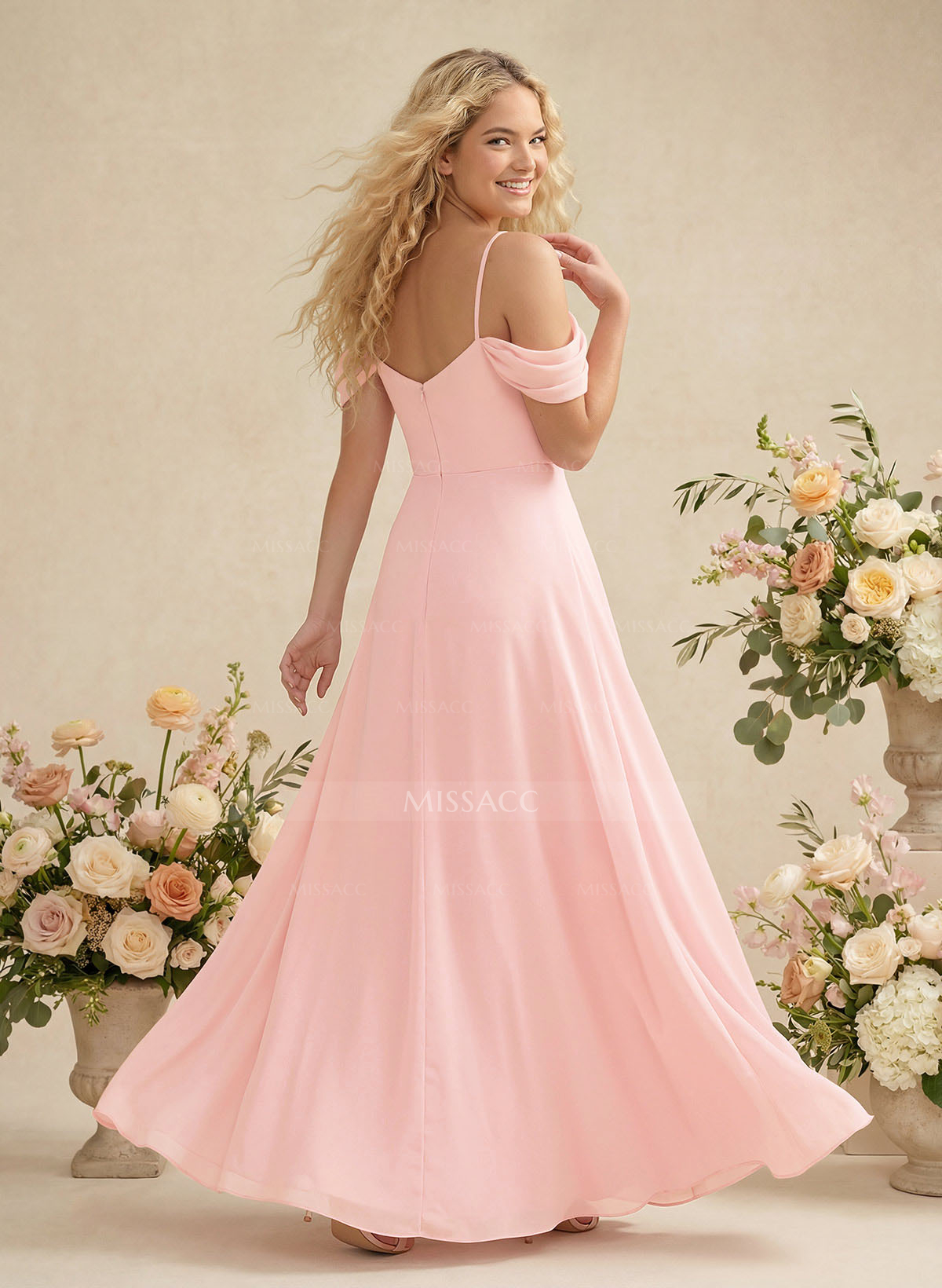 Modest A-Line Off-The-Shoulder Floor-Length Chiffon Bridesmaid Dresses