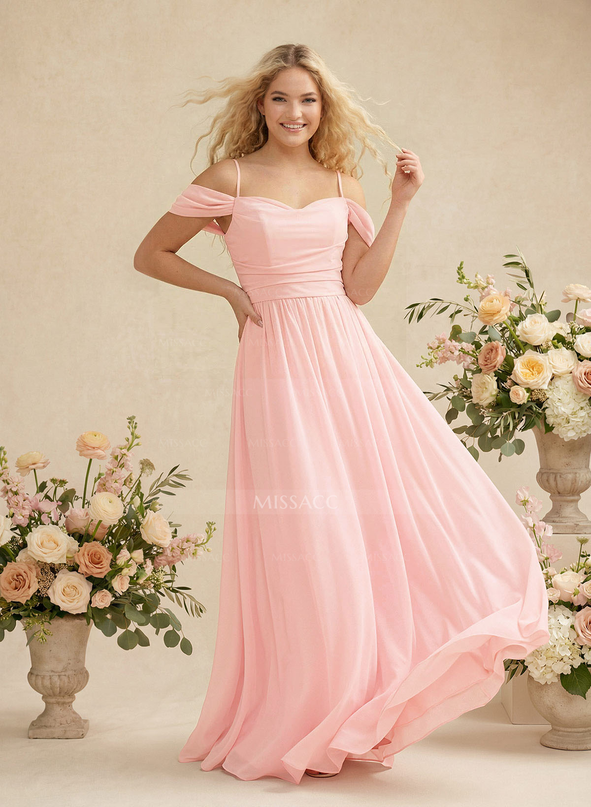 Modest A-Line Off-The-Shoulder Floor-Length Chiffon Bridesmaid Dresses