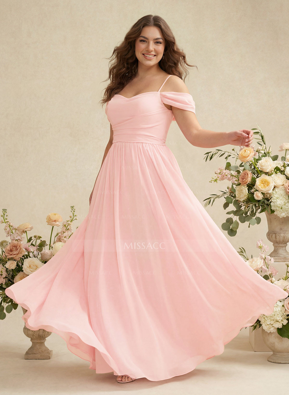 Modest A-Line Off-The-Shoulder Floor-Length Chiffon Bridesmaid Dresses