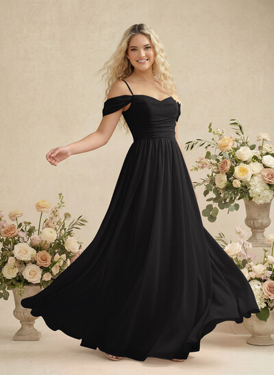 Modest A-Line Off-The-Shoulder Floor-Length Chiffon Bridesmaid Dresses