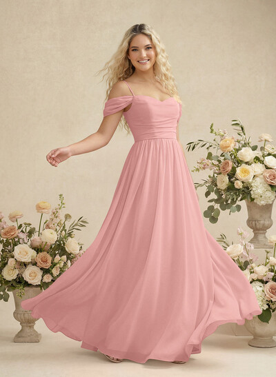 Modest A-Line Off-The-Shoulder Floor-Length Chiffon Bridesmaid Dresses