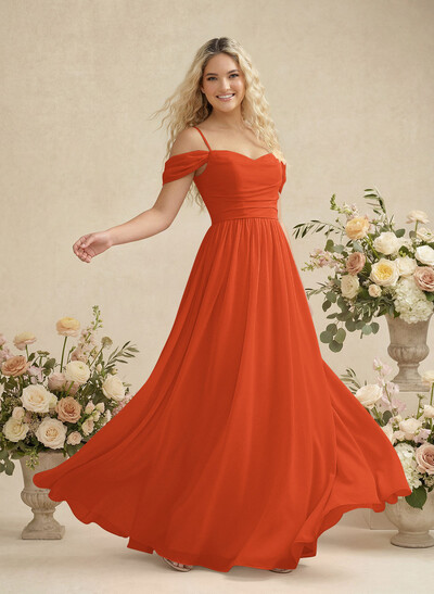 Modest A-Line Off-The-Shoulder Floor-Length Chiffon Bridesmaid Dresses