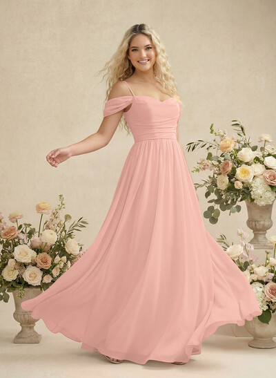 Modest A-Line Off-The-Shoulder Floor-Length Chiffon Bridesmaid Dresses