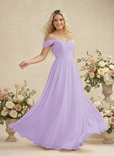 Modest A-Line Off-The-Shoulder Floor-Length Chiffon Bridesmaid Dresses
