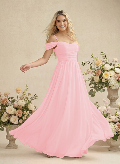 Modest A-Line Off-The-Shoulder Floor-Length Chiffon Bridesmaid Dresses