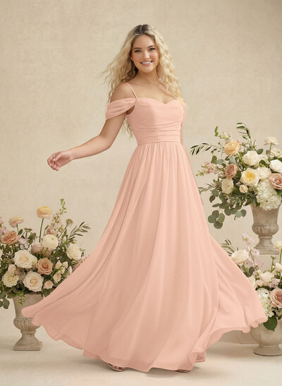 Modest A-Line Off-The-Shoulder Floor-Length Chiffon Bridesmaid Dresses
