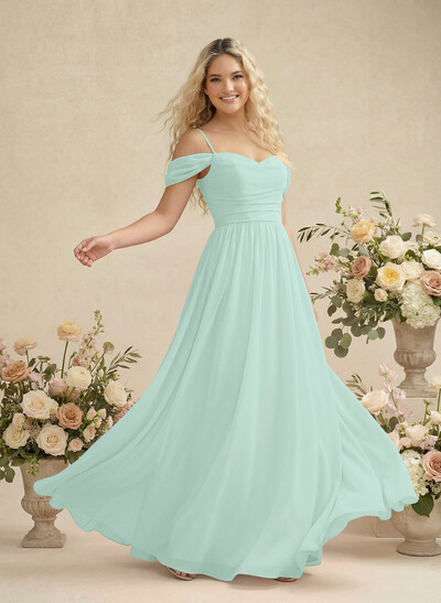 Modest A-Line Off-The-Shoulder Floor-Length Chiffon Bridesmaid Dresses