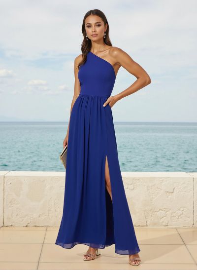 Simple One-Shoulder Floor-Length Chiffon Bridesmaid Dresses With High Split