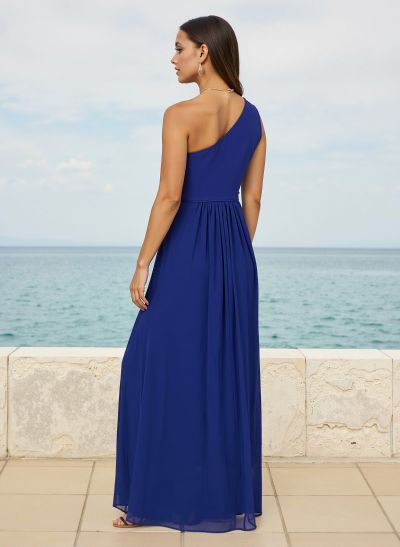 Simple One-Shoulder Floor-Length Chiffon Bridesmaid Dresses With High Split