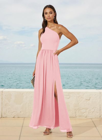 Simple One-Shoulder Floor-Length Chiffon Bridesmaid Dresses With High Split