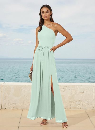 Simple One-Shoulder Floor-Length Chiffon Bridesmaid Dresses With High Split