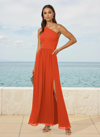 Simple One-Shoulder Floor-Length Chiffon Bridesmaid Dresses With High Split