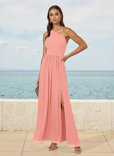 Simple One-Shoulder Floor-Length Chiffon Bridesmaid Dresses With High Split