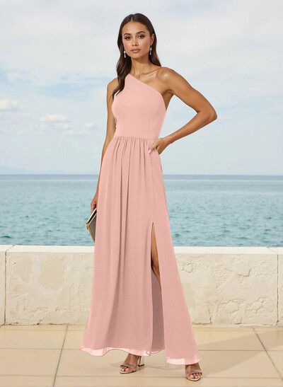 Simple One-Shoulder Floor-Length Chiffon Bridesmaid Dresses With High Split
