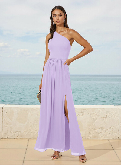 Simple One-Shoulder Floor-Length Chiffon Bridesmaid Dresses With High Split
