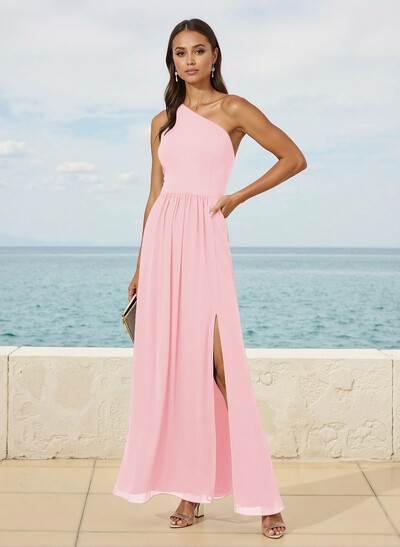 Simple One-Shoulder Floor-Length Chiffon Bridesmaid Dresses With High Split