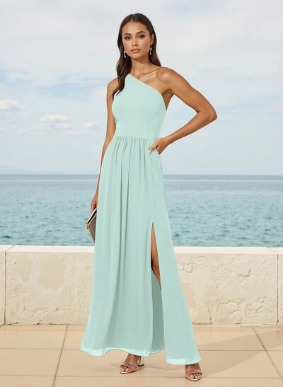 Simple One-Shoulder Floor-Length Chiffon Bridesmaid Dresses With High Split