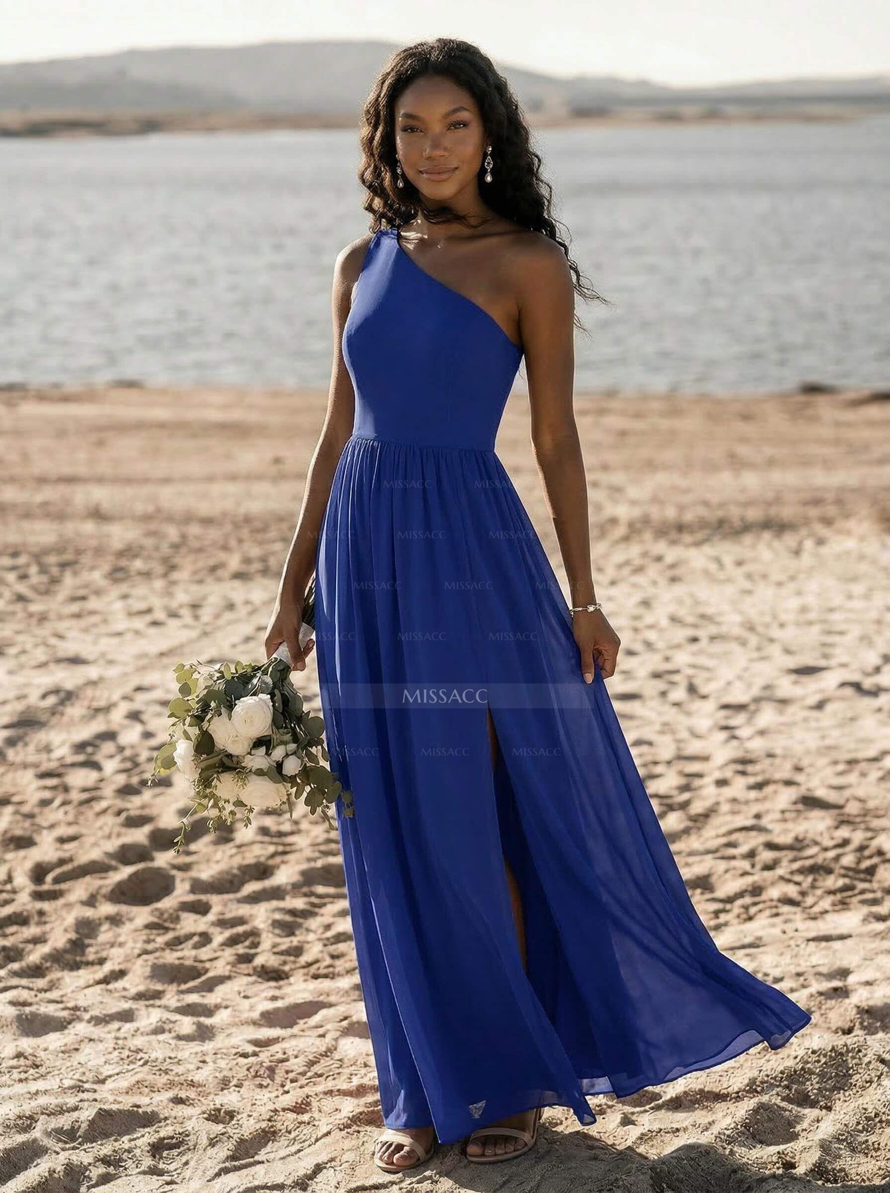 Simple One-Shoulder Floor-Length Chiffon Bridesmaid Dresses With High Split