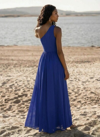 Simple One-Shoulder Floor-Length Chiffon Bridesmaid Dresses With High Split