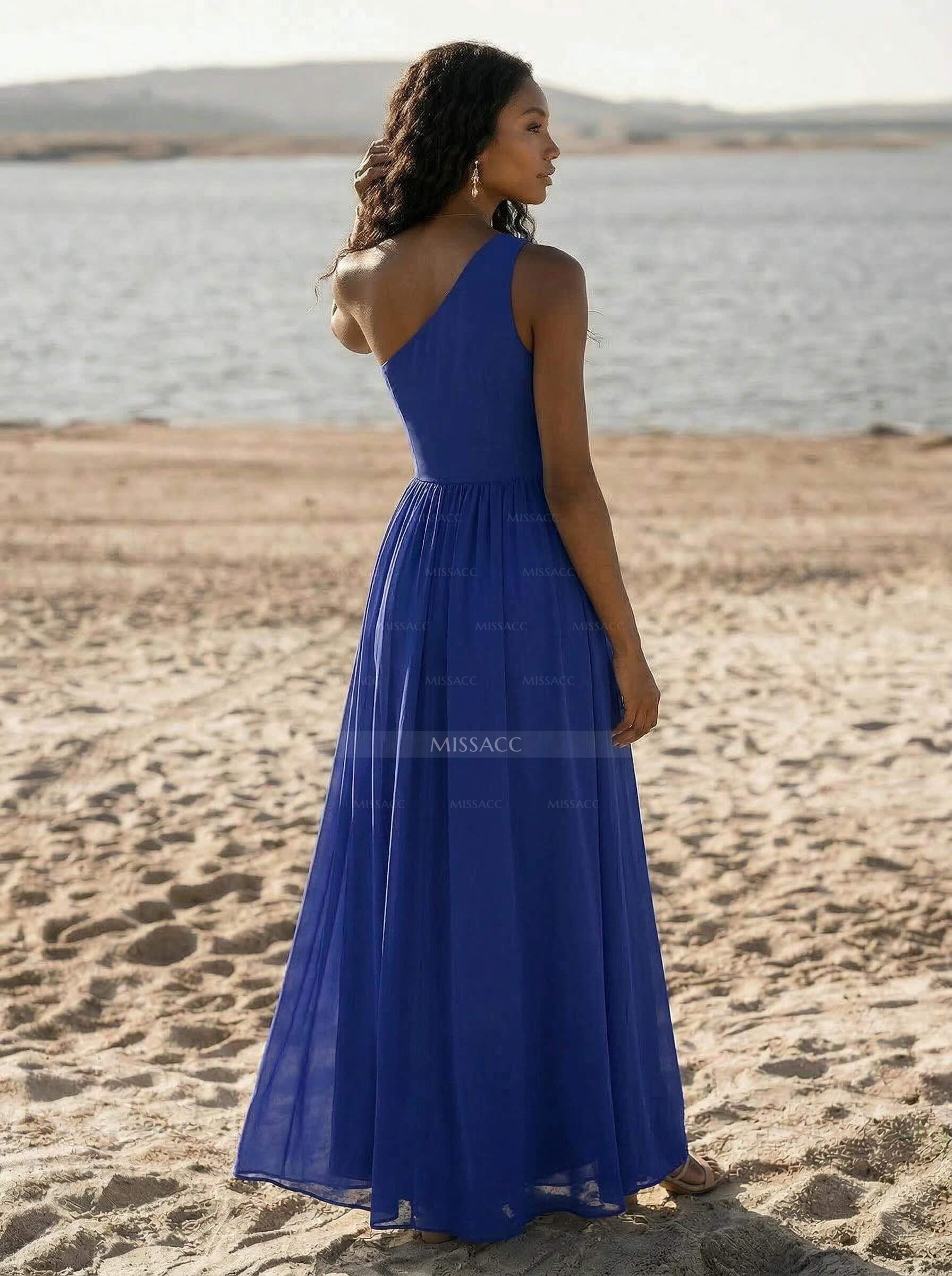 Simple One-Shoulder Floor-Length Chiffon Bridesmaid Dresses With High Split