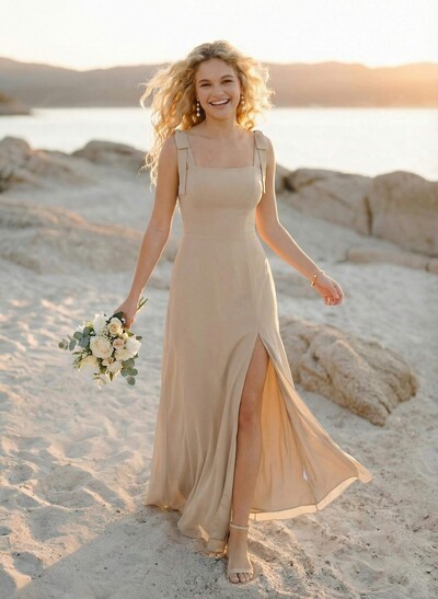 Simple Square Neckline Floor-Length Chiffon Bridesmaid Dresses With High Split