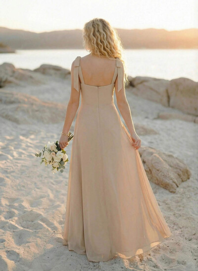 Simple Square Neckline Floor-Length Chiffon Bridesmaid Dresses With High Split