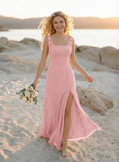 Simple Square Neckline Floor-Length Chiffon Bridesmaid Dresses With High Split