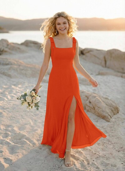 Simple Square Neckline Floor-Length Chiffon Bridesmaid Dresses With High Split