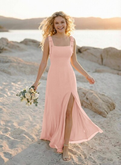 Simple Square Neckline Floor-Length Chiffon Bridesmaid Dresses With High Split