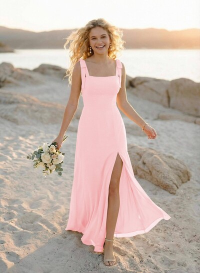 Simple Square Neckline Floor-Length Chiffon Bridesmaid Dresses With High Split