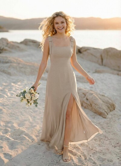 Simple Square Neckline Floor-Length Chiffon Bridesmaid Dresses With High Split